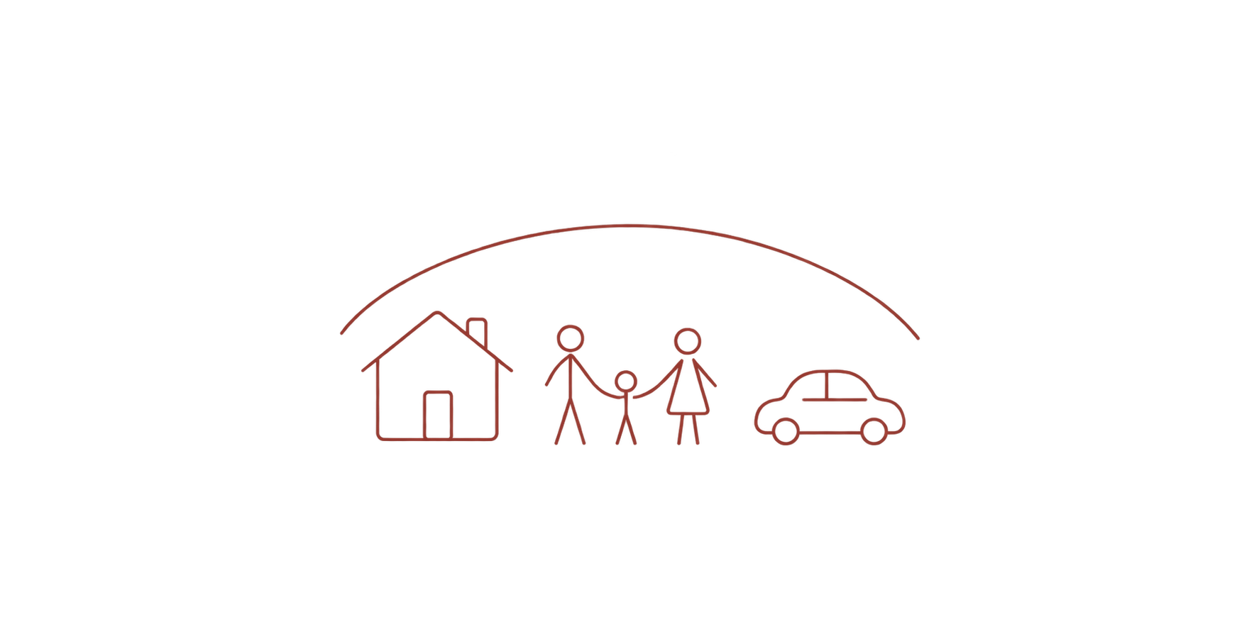 Hand-drawn family, home and car beneath a protective line